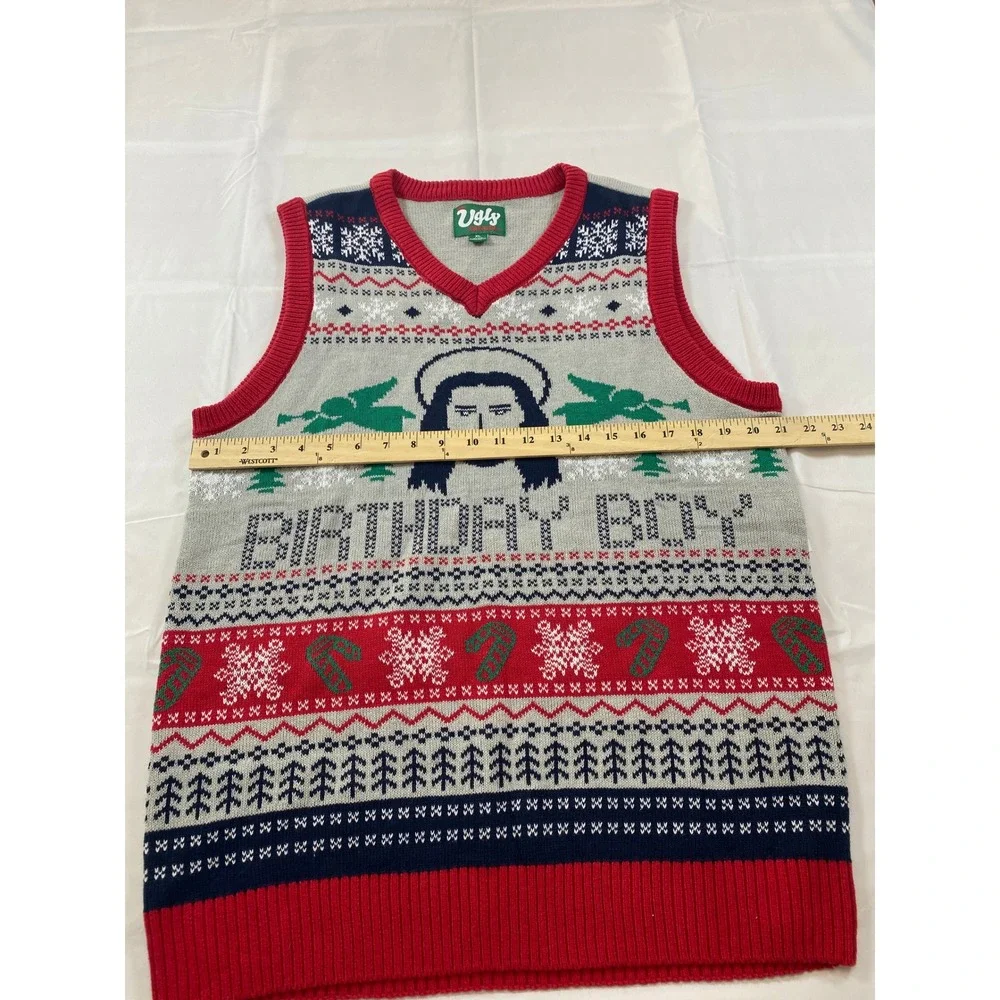 The Ugly Sweater Co Jesus Birthday Boy Christmas Sweater Vest Mens XL Grey Red
